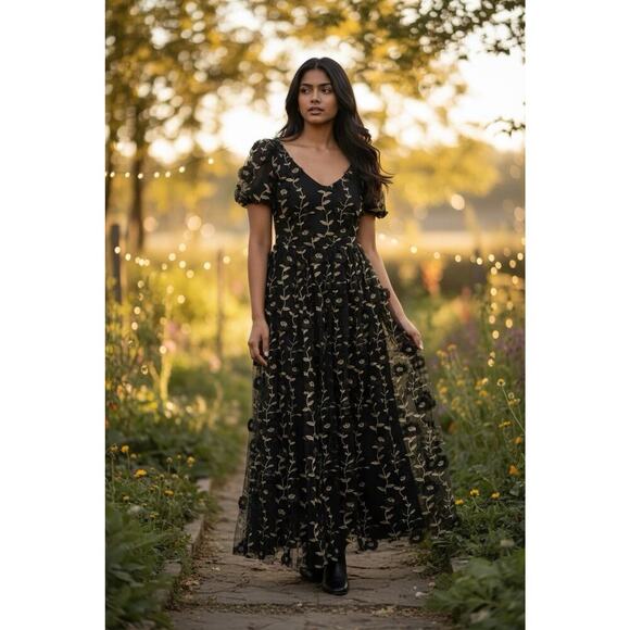 Arula Dresses & Skirts - ARULA Black Maxi Dress with Cream Floral Stitching